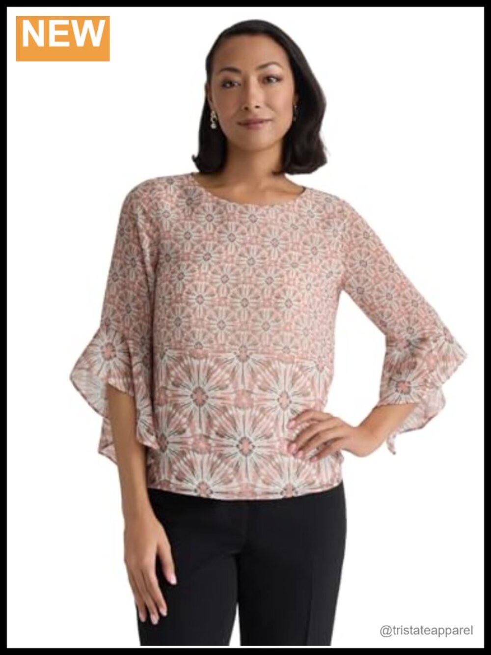 Kasper Womens Three Quarter Ruffle Sleeve Print Blouse Polyester
